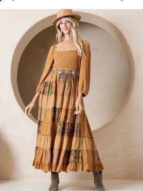Mustard Patchwork Tiered Maxi Skirt